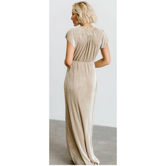 See And Be Seen Metallic Pleat Maxi Dress Womens Small Short Sleeve Gown Gold - Picture 4 of 13